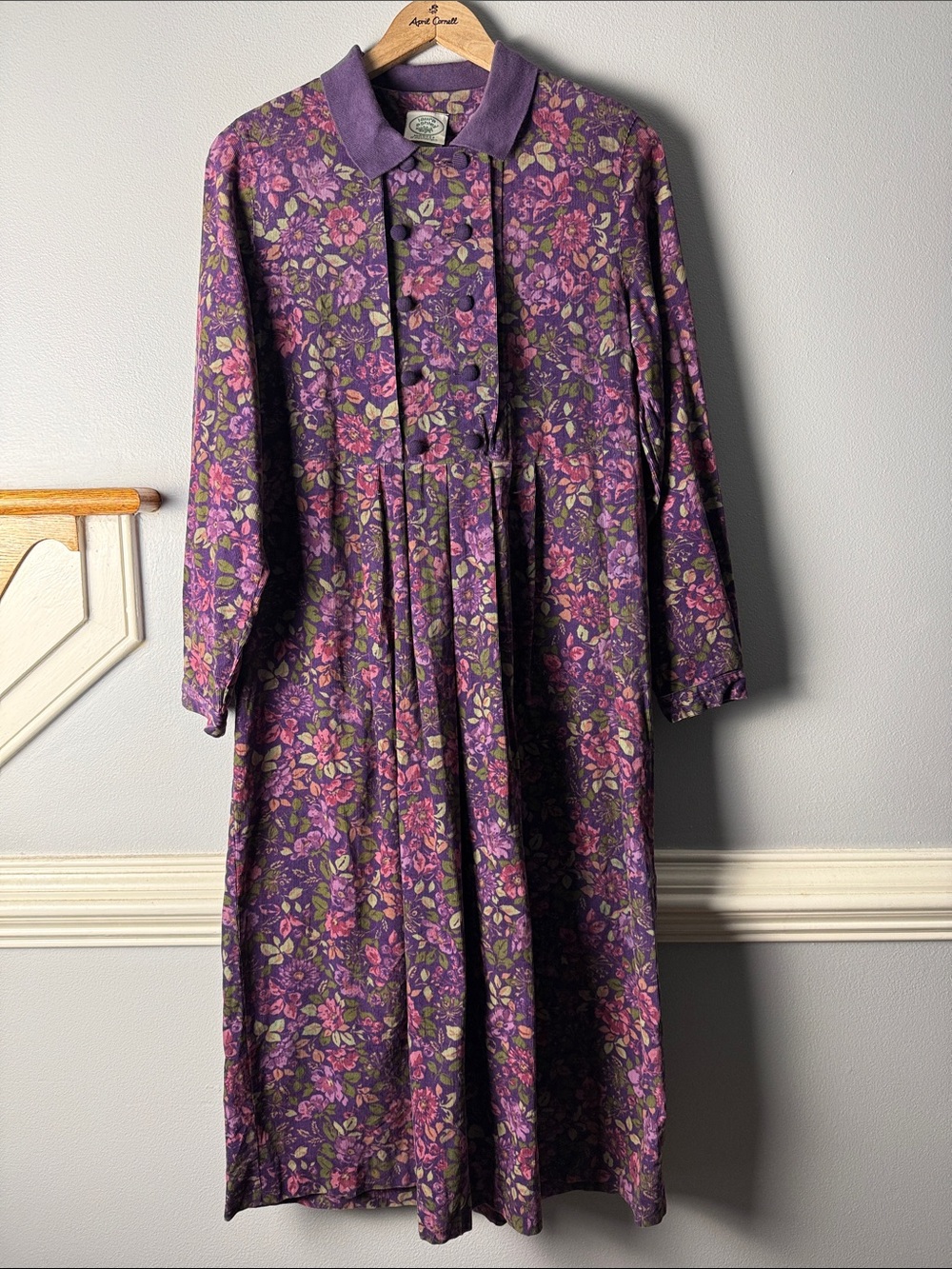 Vintage Laura Ashley Purple Floral Long Sleeve Maxi Dress. Late 80s Cordorouy